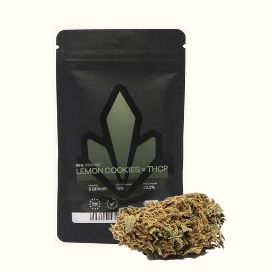 Nine Realms THCP Lemon Cookies cannabis flower bud with a 5 gram doypack package and no background