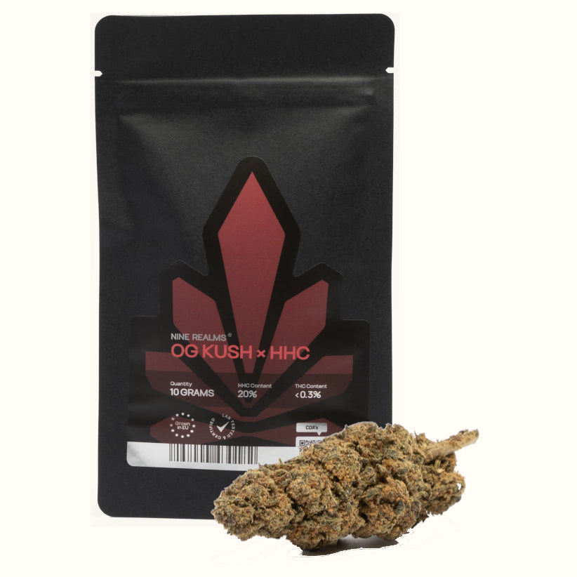 Nine Realms HHC OG Kush cannabis flower bud with a 10 gram doypack package and no background