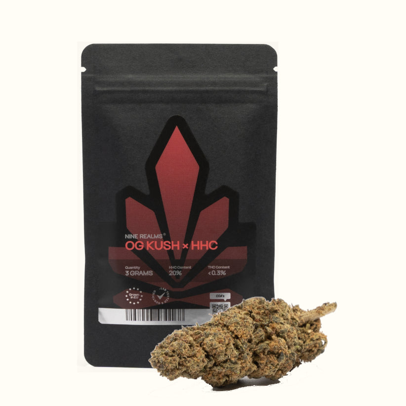 Nine Realms HHC OG Kush cannabis flower bud with a 3 gram doypack package and no background