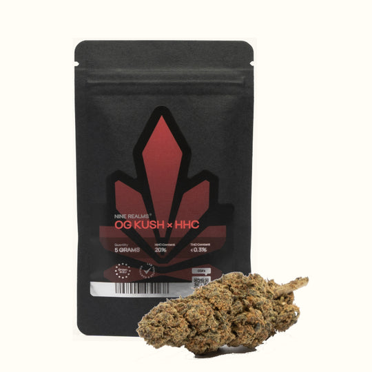 Nine Realms HHC OG Kush cannabis flower bud with a 5 gram doypack package and no background
