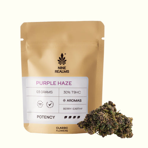 Nine Realms 3g Purple Haze T9HC cannabis flower on a white background with a bud