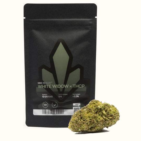 Nine Realms White Widow cannabis flower bud with a 10 gram doypack package and no background