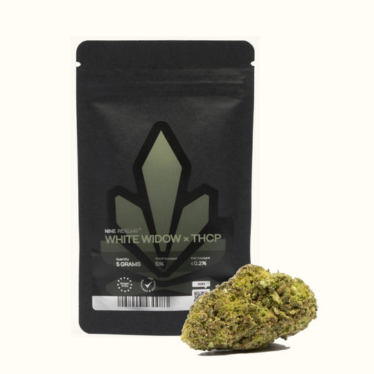 Nine Realms White Widow cannabis flower bud with a 5 gram doypack package and no background