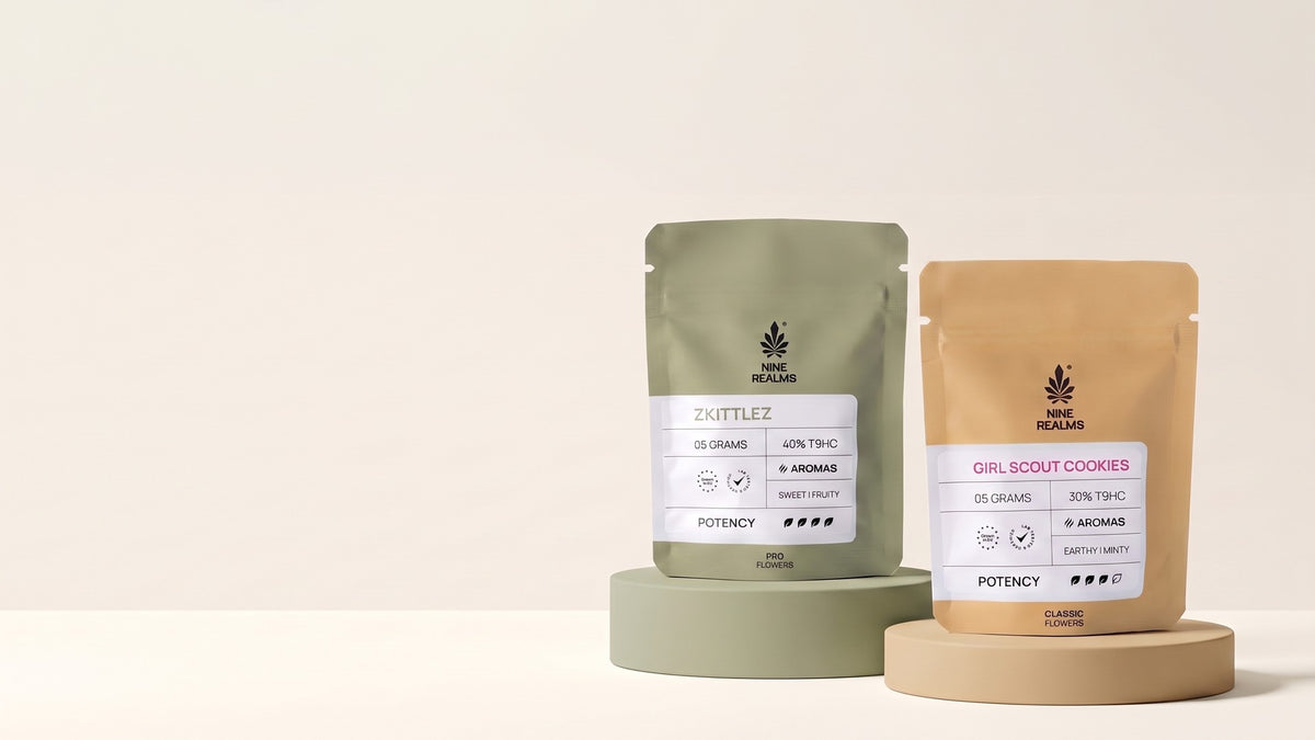 Nine Realms Zkittlez and Girl Scout Cookies flower pouches on green and tan podiums against a cream background