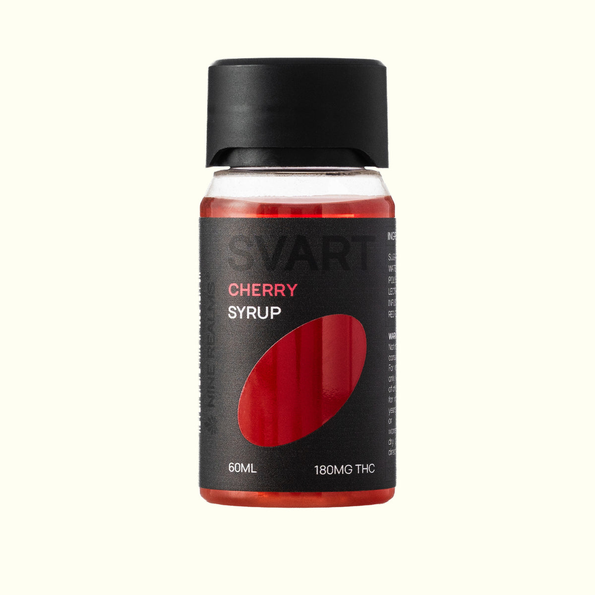 A bottle of Nine Realms SVART Cherry THC Syrup with a black cap and black label, featuring a red cherry graphic and text indicating 60ml and 180MG THC, set against a solid off-white background.